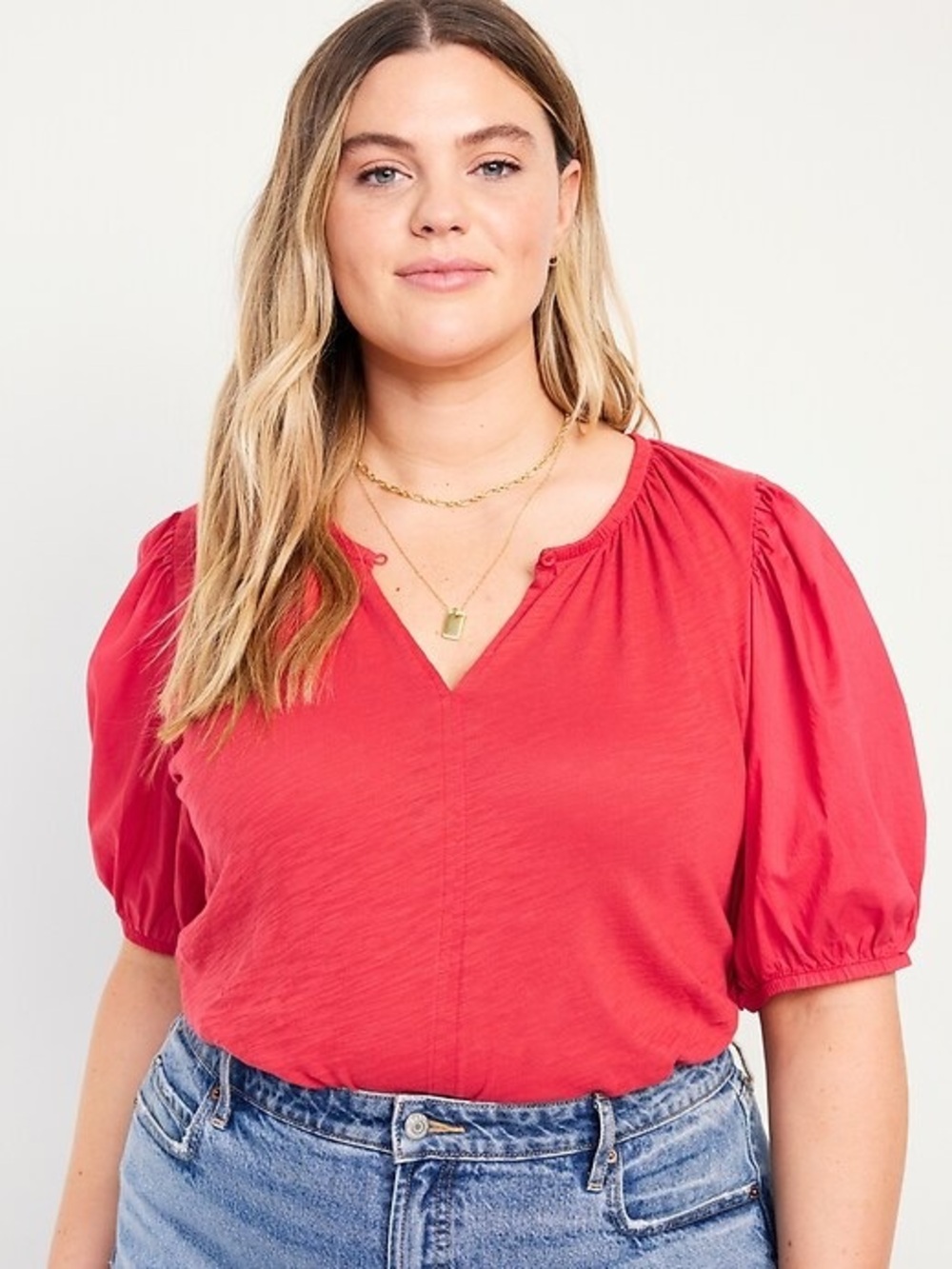 Women's Red Puff Sleeve Slub Knit Top